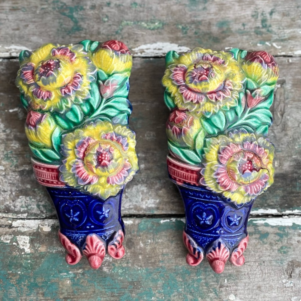 Vintage Blue ceramic floral wall vase pockets